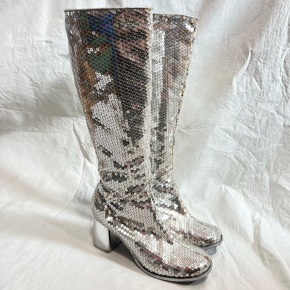 Bordello boots knee high silver sequins block heel size 7 side zipper sparkly